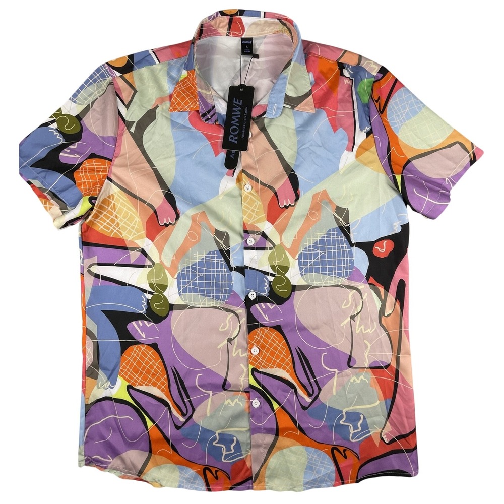 Romwe Shirt Mens L Multicolor Abstract Graphic Print Short Sleeve Button Up NWT